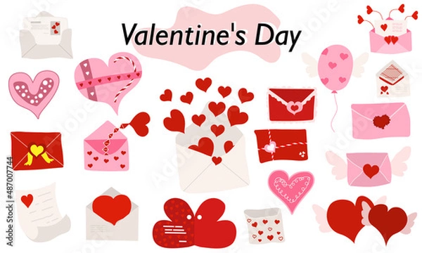 Obraz A set of items for ValentineDay. Envelopes, valentines, letters. In color version. A symbol of love and a Valentine Day holiday. Vector illustration.