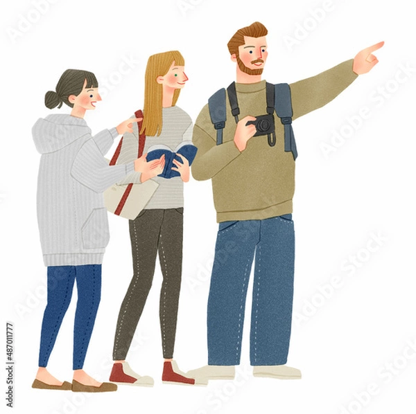 Obraz 日本観光をする外国人と道案内をする女性　手描きイラスト