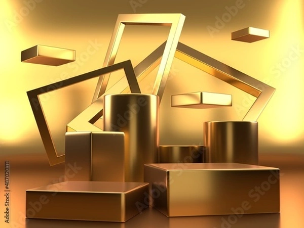 Obraz Concept product shelf podium gold color or empty pedestal display on vivid fashion background with minimal . rendering