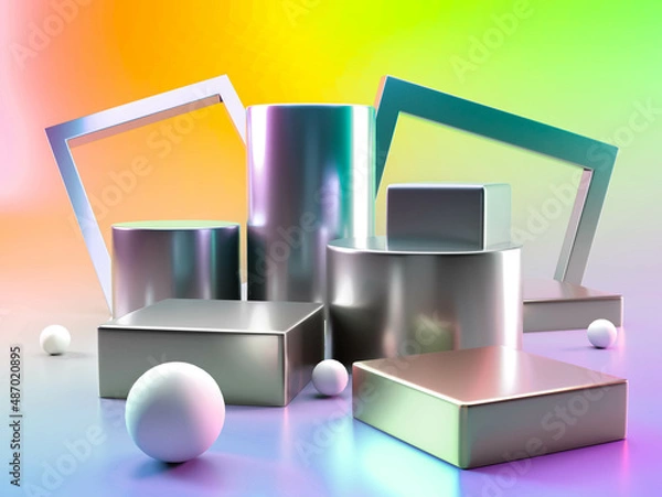 Obraz Gold product display stand or podium pedestal on with blank Gold color backdrops. Modern minimal. 3D rendering.