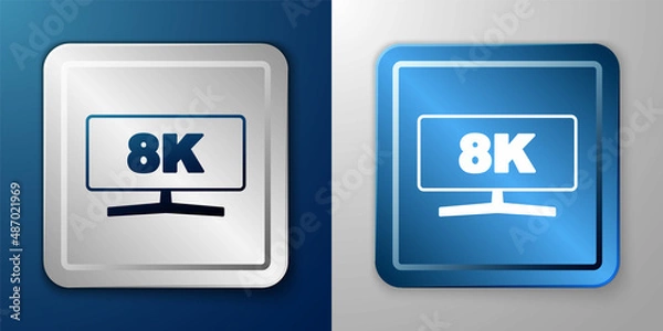 Fototapeta White Computer monitor icon isolated on blue and grey background. PC component sign. Silver and blue square button. Vector
