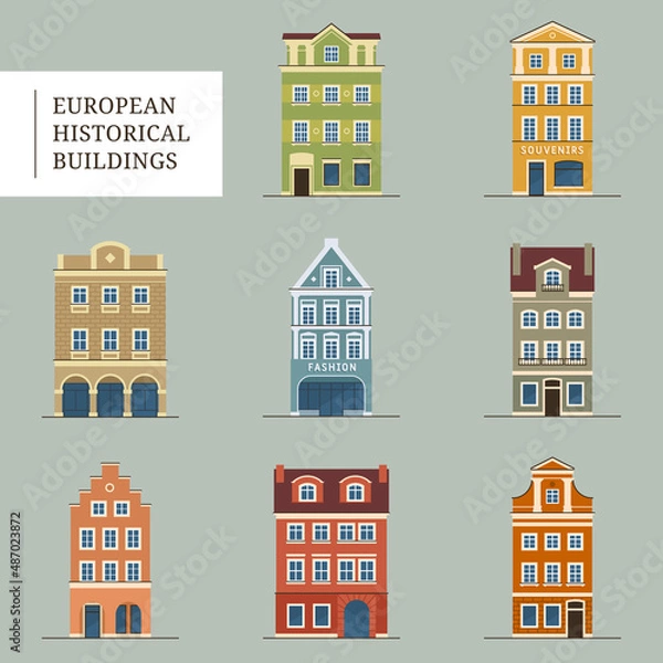 Obraz Set of european historical buildings. Traditional Amsterdam, Netherlands architecture. Vector illustration.