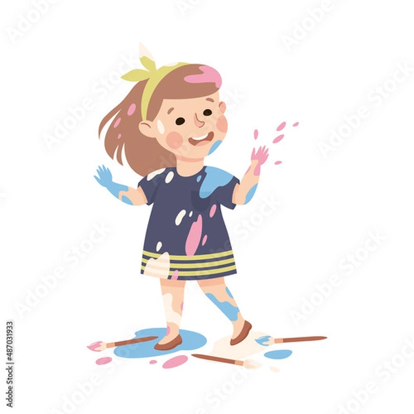 Fototapeta Little Girl Smeared in Paints Throwing Splashes Vector Illustration