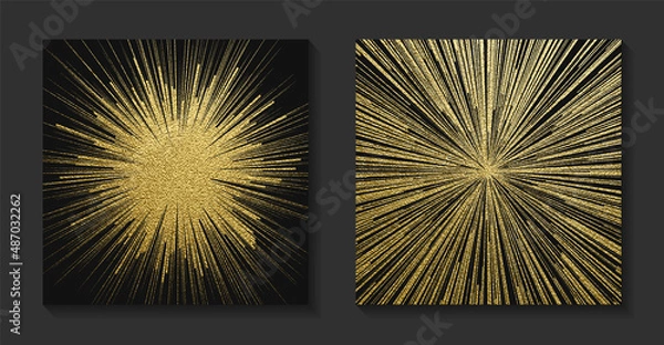 Obraz Golden backgrounds set with sunburst. Shiny gold retro rays, bright sunbeams. Vintage vector illustration. Bright background for christmas cards, luxury flyers or banners. Vector illustration