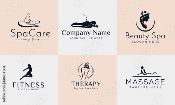 Obraz Set of Spa element Hand Drawn Logo with body and Leaves. Logo for spa and beauty salon, boutique, massage therapy, organic shop, relaxation, woman body, yoga, cosmetics store