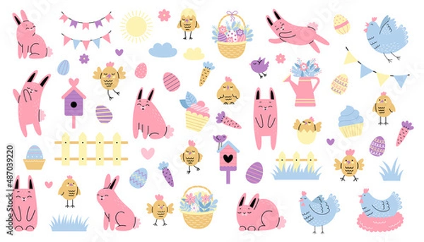 Fototapeta Big Easter set with festive elements. Easter decorated eggs, rabbit, bunny, hens, flowers, birdhouse, flower basket.Hand drawn vector cute illustration