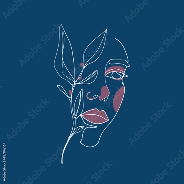 Fototapeta Abstract face with floral print, minimalist style, natural symbol of cosmetics. Modern continuous lines, fashion print, Beaty's logo