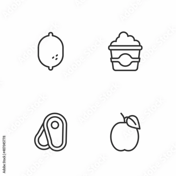 Fototapeta Set line Plum fruit, Steak meat, Lemon and Popcorn in cardboard box icon. Vector