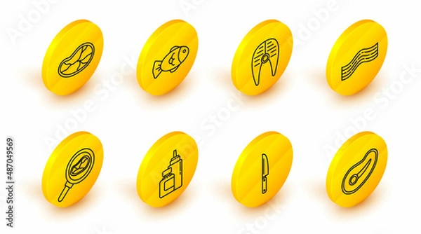Fototapeta Set line Steak meat, Knife, Sauce bottle, in frying pan, Bacon stripe, Fish steak, and icon. Vector