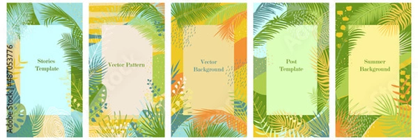 Obraz Summer background with tropical palm leaves and abstract texture. Set of frames for social posts on internet networks. Template for advertising, sale, flyer, banner. Jungle, tropics, nature theme. 