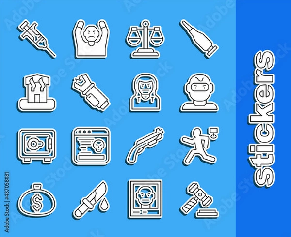 Obraz Set line Judge gavel, Murder, Thief mask, Scales of justice, Police electric shocker, Arson home, Syringe and icon. Vector