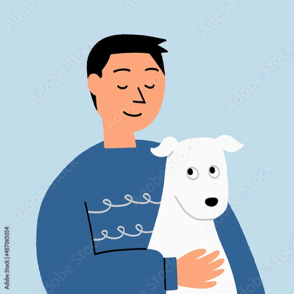 Fototapeta The man hugs and cuddles with the dog happily. Cute cartoon vector illustration.