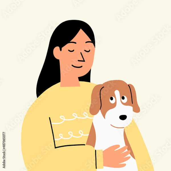 Fototapeta The woman hugs and cuddles with the dog happily. Cute cartoon vector illustration.