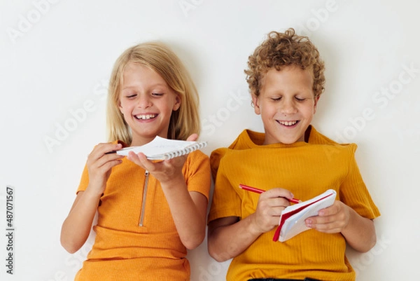 Obraz Boy and girl childhood entertainment drawing isolated background unaltered