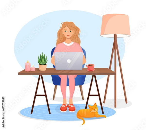 Fototapeta Woman sits at a table, works at home at a computer. Remote work, freelance, home office, programming, training. Cozy working interior with a cat. Vector illustration