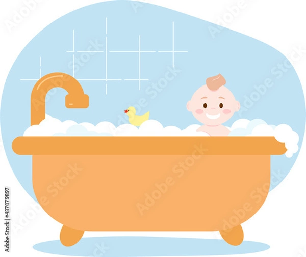 Obraz Smiling baby boy bathing in bathtub full of soap bubbles. Vector illustration. Flat style