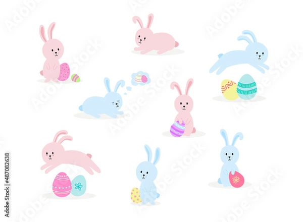 Obraz Easter bunnies set of cute hand drawn pink and blue rabbits sitting, jumping and sleeping. With colourful patterned Easter eggs