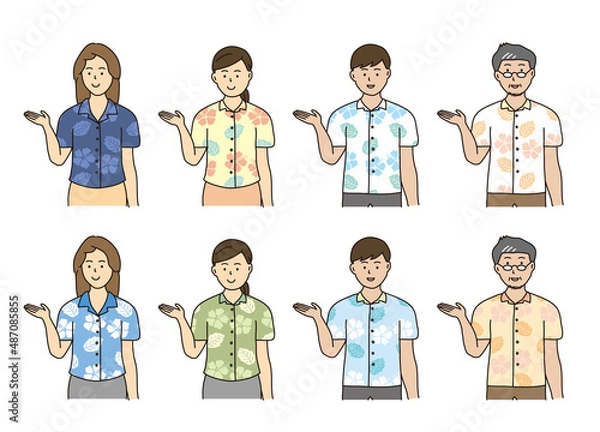 Fototapeta 案内する沖縄のかりゆしウェアを着た男女