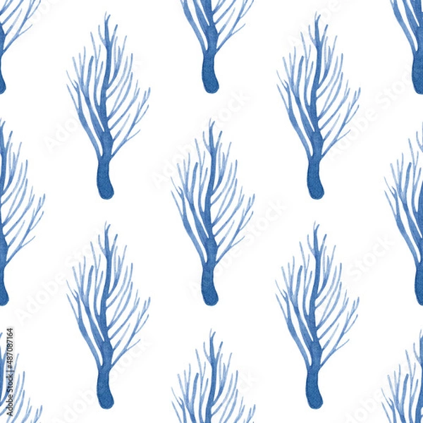Fototapeta Watercolor seamless hand drawn pattern with winter blue silhouette trees on white background