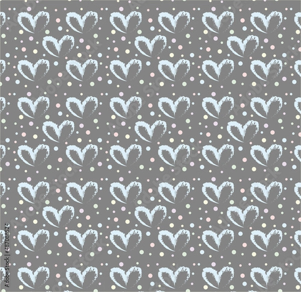 Fototapeta Seamless pattern of hand drawn hearts in blue on gray background with colored dots in pastel rainbow colors