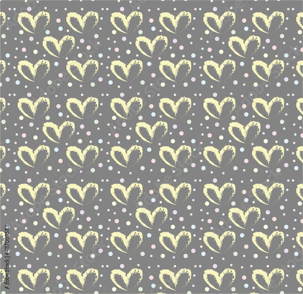 Fototapeta Seamless pattern of hand drawn hearts in yellow on gray background with colored dots in pastel rainbow colors
