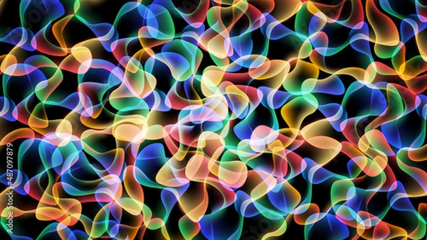 Fototapeta Abstract multicolored background of overlapping transparent amorphous figures with illumination on a black background. Vector illustration.
