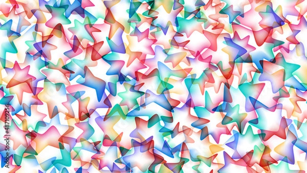 Fototapeta Abstract multicolored seamless pattern of overlapping transparent stars with gradient fill on a white background. Vector illustration.