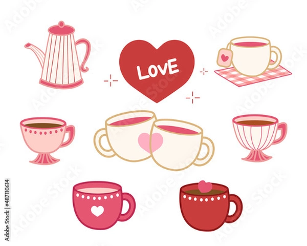 Obraz Valentine's day pink and red coffee cups and tea cups, icon and love for lovers