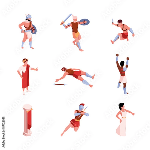Fototapeta Ancient fighters. Rome gladiators fighters warrior weapons historical person garish vector isometric illustrations