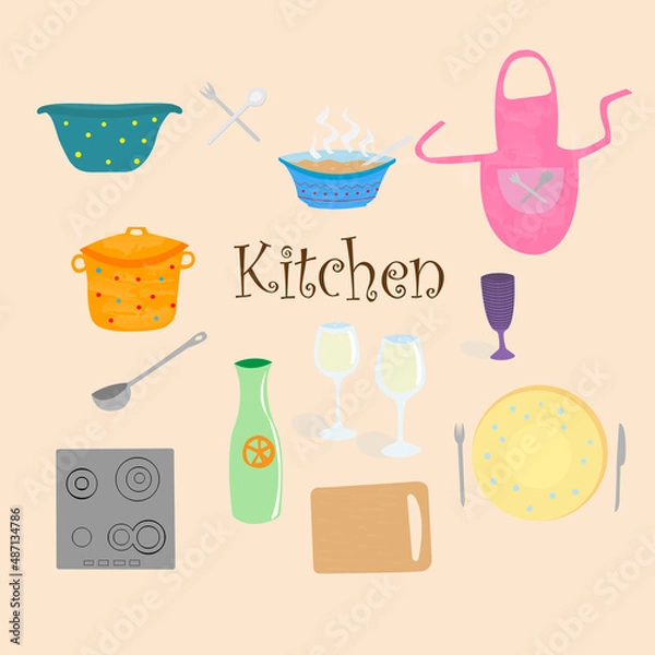 Obraz Set of kitchen utensil in cartoon style