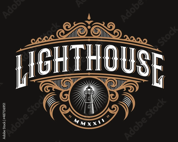 Fototapeta Lighthouse vintage golden vector emblem, label , badge for your logo or crest with baroque ornaments.