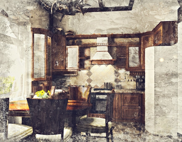 Fototapeta Modern beautiful interior of the room with colored walls, large windows and stylish furniture. The image is stylized as an oil painting. Bright and stylish design. 3D rendering