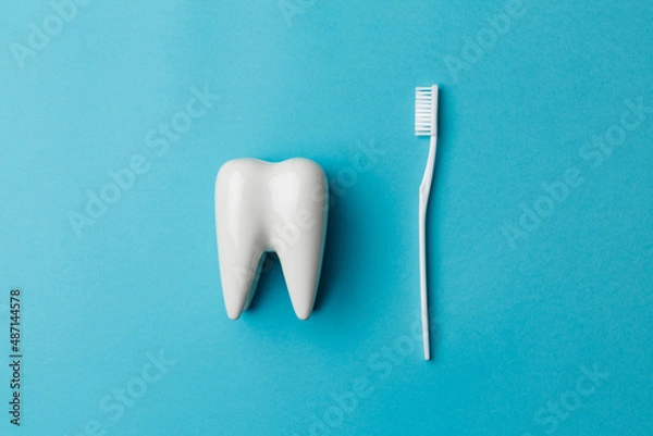 Fototapeta The concept of dental health and dental care. Dentist's day. A white toothbrush lies next to a white tooth on a blue background. A healthy tooth. Space for text. Close-up