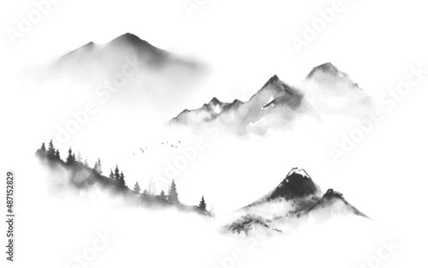 Obraz Set of mountains hand drawn with ink in traditional Japanese ink wash painting sumi-e.