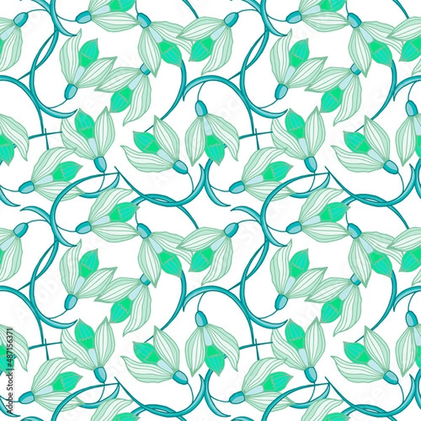 Obraz Seamless vector pattern with spring snowdrops isolated on white background. Spring flower backdrop.