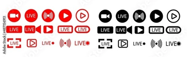 Fototapeta Set of live streaming icons. Red symbols and buttons of live streaming, broadcasting, online stream. Lower third template for tv, shows, movies and live performances. Vector