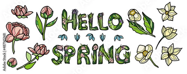 Obraz Set with spring flowers with a stylized inscription.