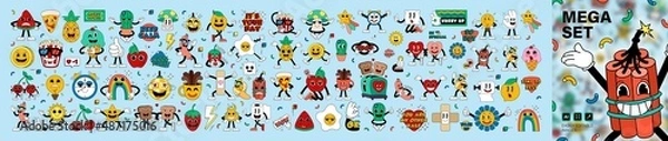 Obraz Mega zestaw naklejek z kreskówek w stylu retro z zabawnymi postaciami z komiksów, rękami w rękawiczkach. Współczesna ilustracja z uroczymi postaciami z komiksu. Ręcznie rysowane doodle postacie z komiksów. Zestaw w stylu współczesnego kreskówki