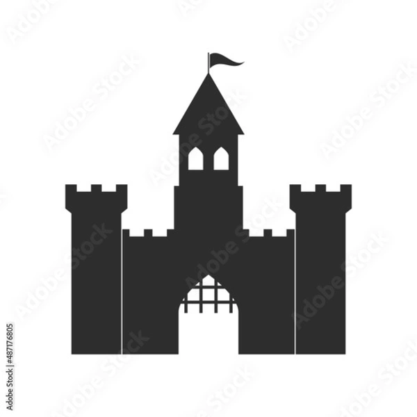 Fototapeta Medieval castle with watchtowers and lifting gate. Feudal fortress, feudalism. Fairytale castle. Flat vector illustration isolated on white background.