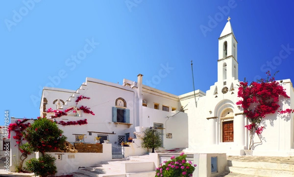 Obraz Stunning white Church of the Holy Trinity, in the village of Pyrgos, on the island of Tinos, in the Cyclades, in the heart of the Aegean Sea