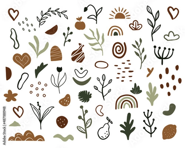 Fototapeta Set of abstract Boho elements. Collection of various minimalistic natural forms of pastel colors. Color vector illustration. White isolated background.