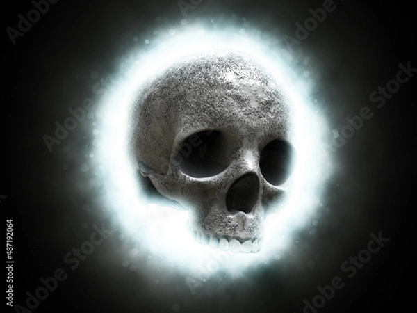 Fototapeta Skull cranium shining bright on black background - 3D Illustration