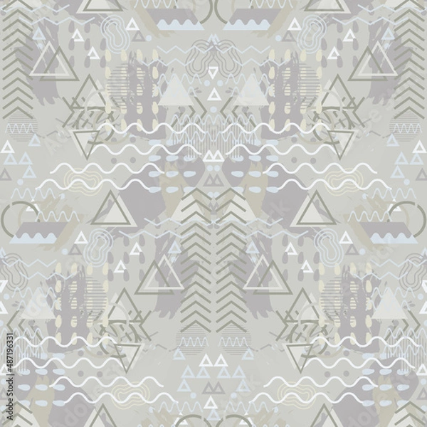 Obraz Abstract Memphis style vector seamless pattern. Textural 80s reflective design background. Modern backdrop with scattered circles, zigzag, wave, triangles, lines, paint shapes. Neutral texture repeat