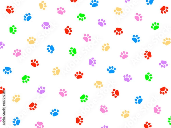 Fototapeta 肉球足跡ランダムパターン背景カラフル