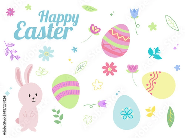 Obraz Easter themed set of hand drawn elements. Happy Easter messaging, Easter bunny, Easter eggs, spring flowers and leaves in bright cheerful colours