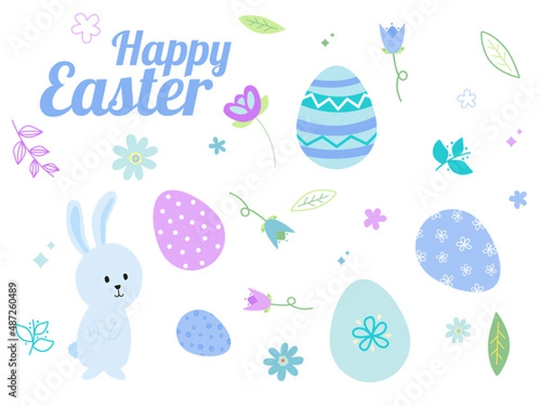 Obraz Easter themed set of hand drawn elements. Happy Easter messaging, Easter bunny, Easter eggs, spring flowers and leaves in blue and purple colours