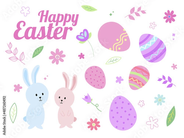 Fototapeta Easter themed set of hand drawn elements. Happy Easter messaging, Easter bunny, Easter eggs, spring flowers and leaves in pink and purple colours