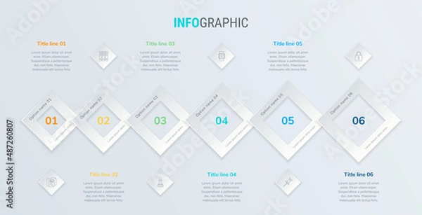 Fototapeta Vector infographics timeline design template with square elements. Content, schedule, timeline, diagram, workflow, business, infographic, flowchart. 6 steps infographic.
