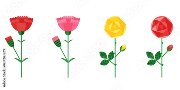 Obraz シンプルな薔薇とカーネーションのイラストセット