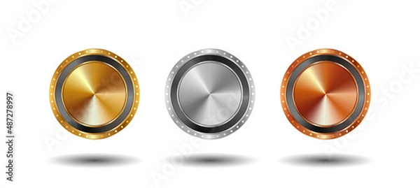 Obraz Gold, Silver and Bronze medals set. Vector 3d realistic award medals set on white background.
